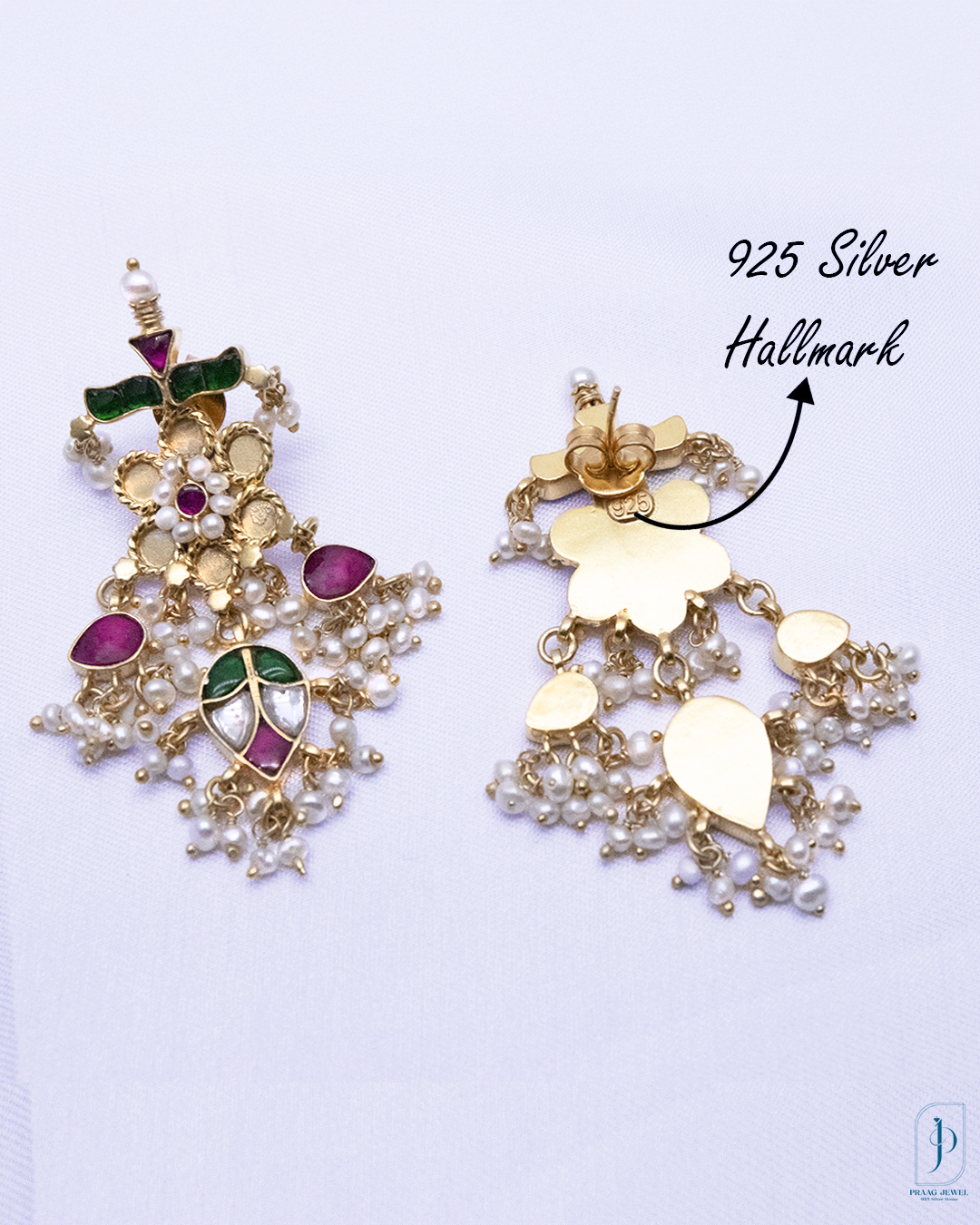 925 Silver 24k Gold Polished Kundan Earrings for Women