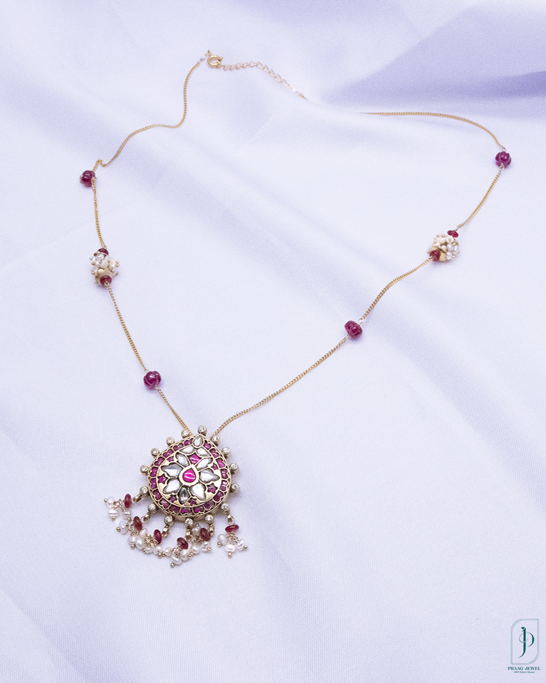 Antique 24K Gold Polished Kundan Pendant Necklace with Freshwater Pearls