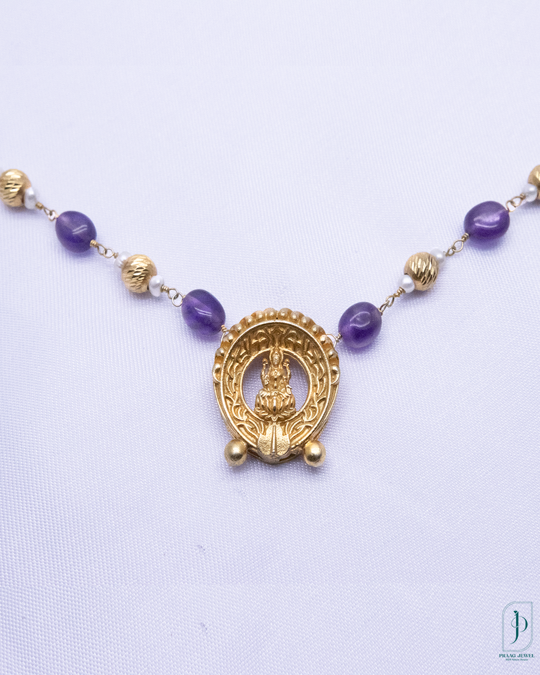 925 Silver 24K Gold Polished Lakshmi Pendant Necklace with Amethyst & Gold Beads