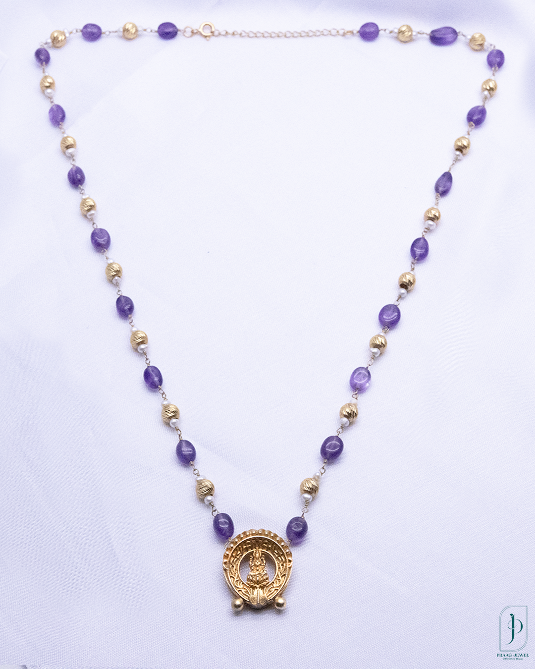 925 Silver 24K Gold Polished Lakshmi Pendant Necklace with Amethyst & Gold Beads
