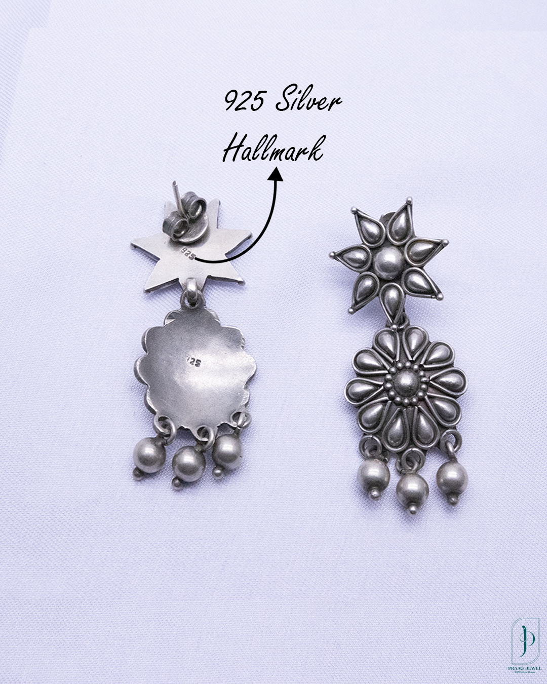 Antique Oxidized Silver Floral Dangle Earrings for Women