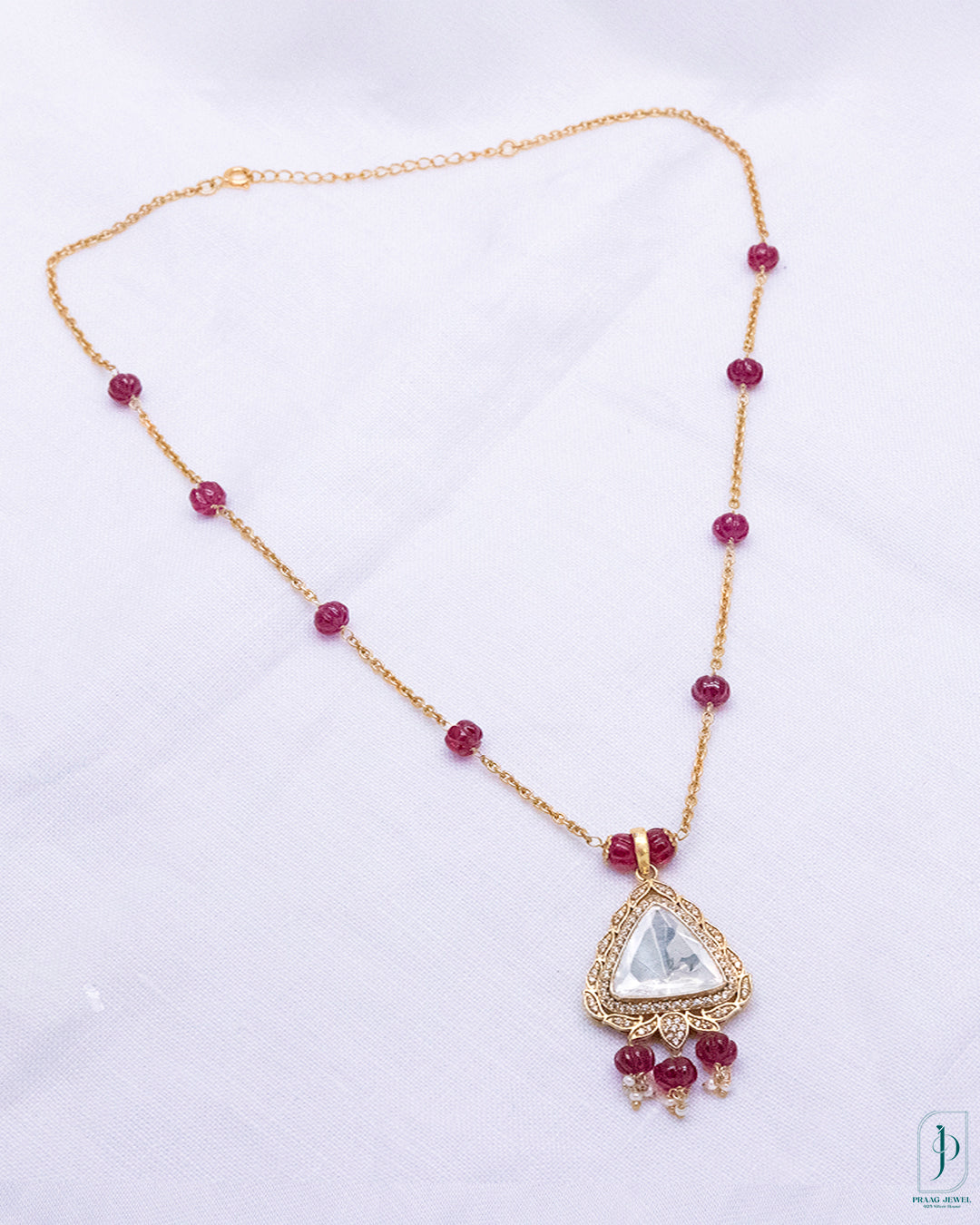 Handcrafted Moissanite Triangle Pendant Necklace with Ruby Beads