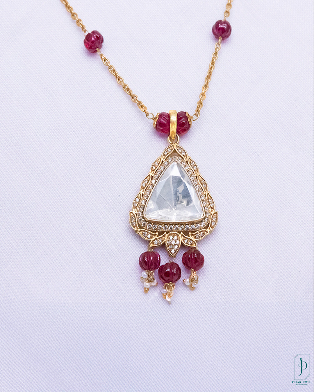 Handcrafted Moissanite Triangle Pendant Necklace with Ruby Beads