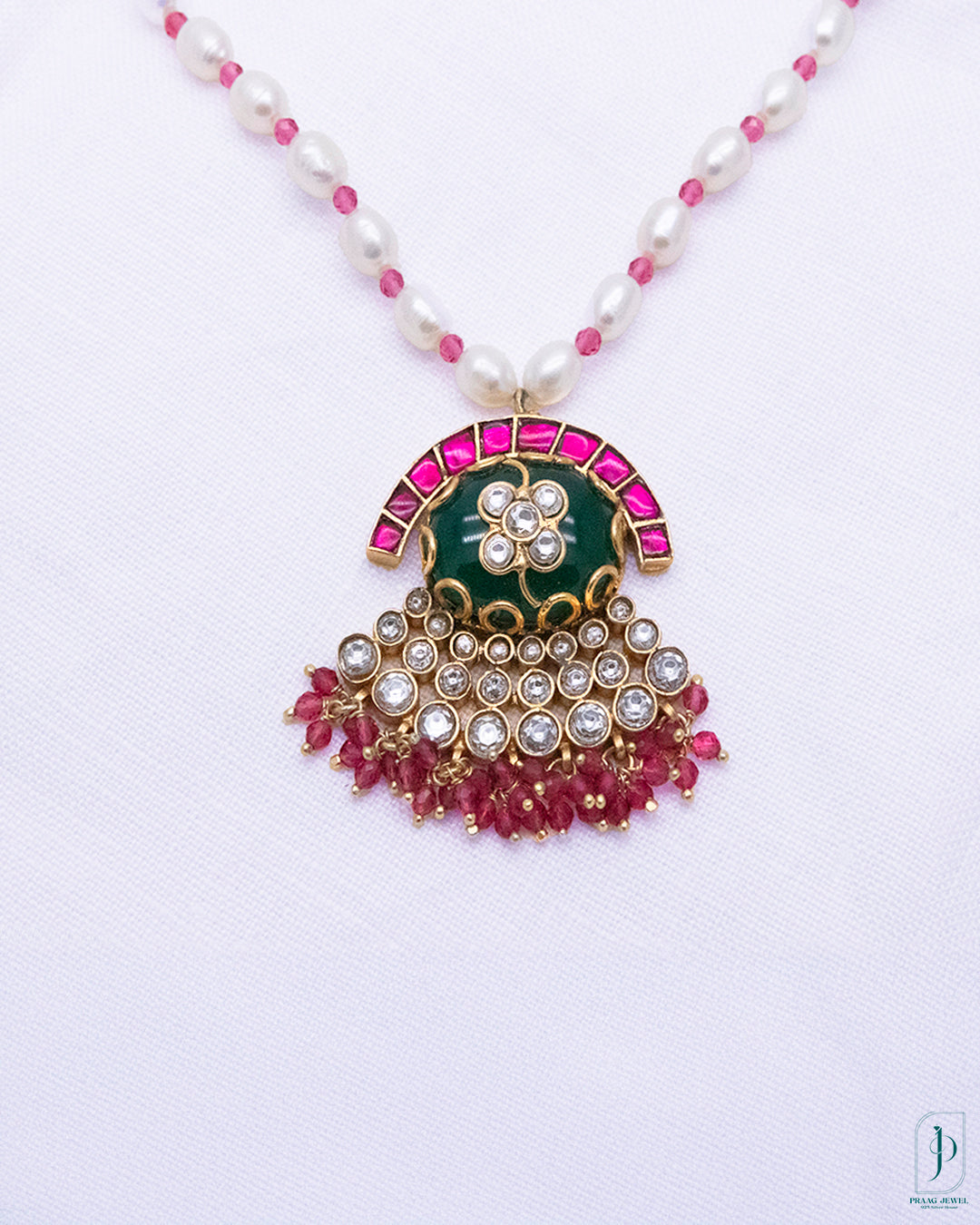Handcrafted Kundan Pendant Necklace with Pearls & Pink Stones