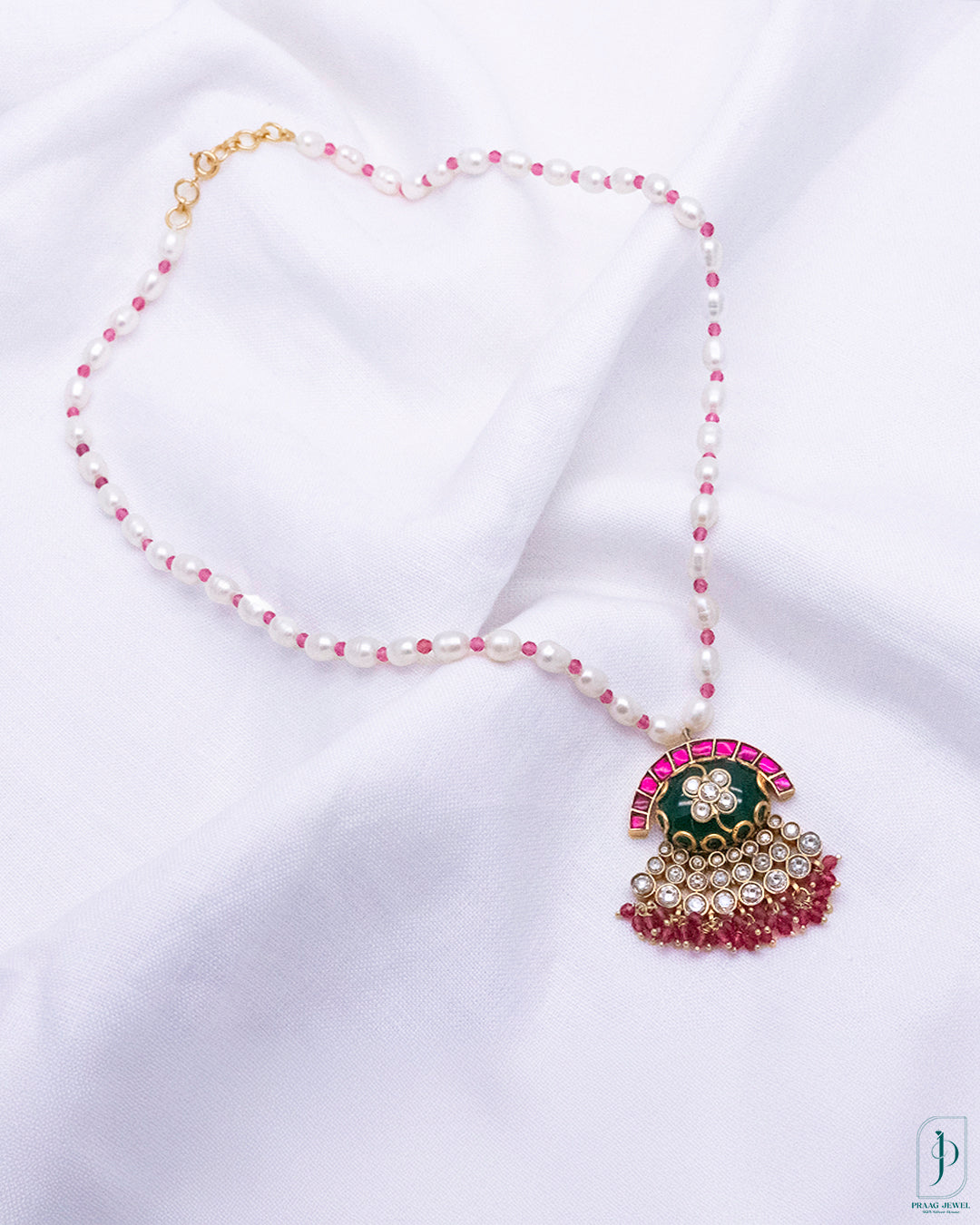 Handcrafted Kundan Pendant Necklace with Pearls & Pink Stones