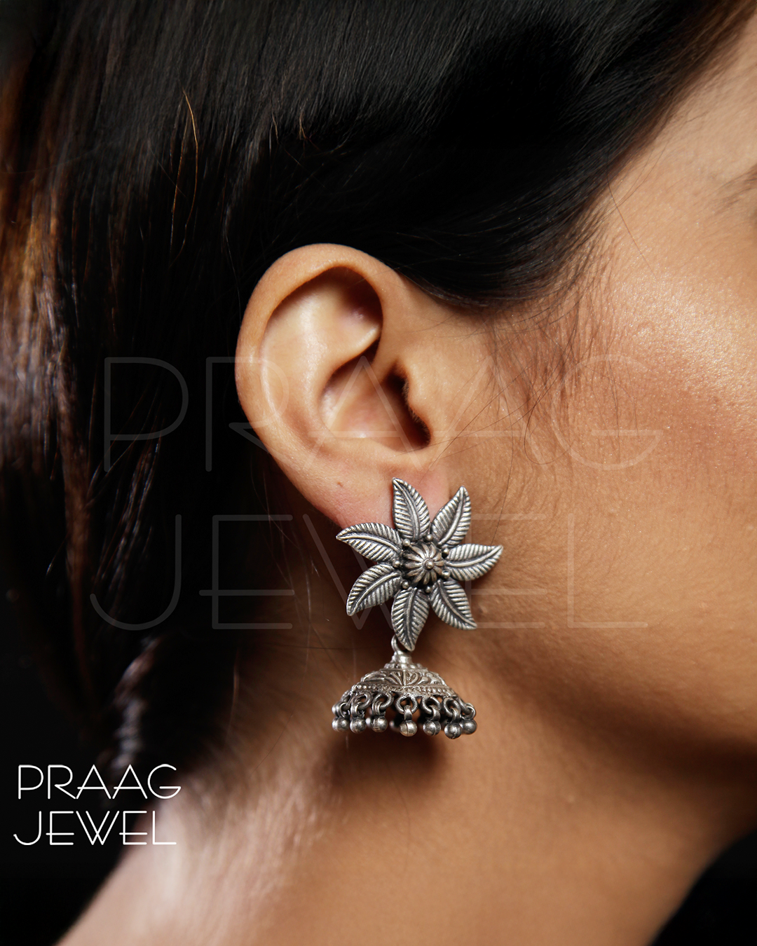 Preyasi 925 Silver Flower Design Jhumki With Antique Polish