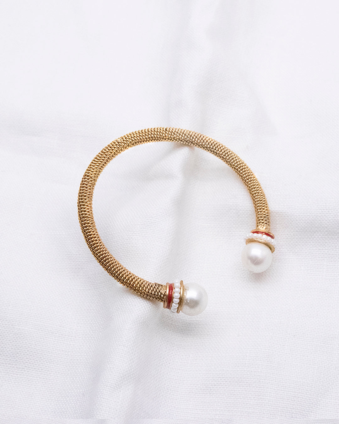 Adjustable Gold Mesh Bangle with Pearl Finials