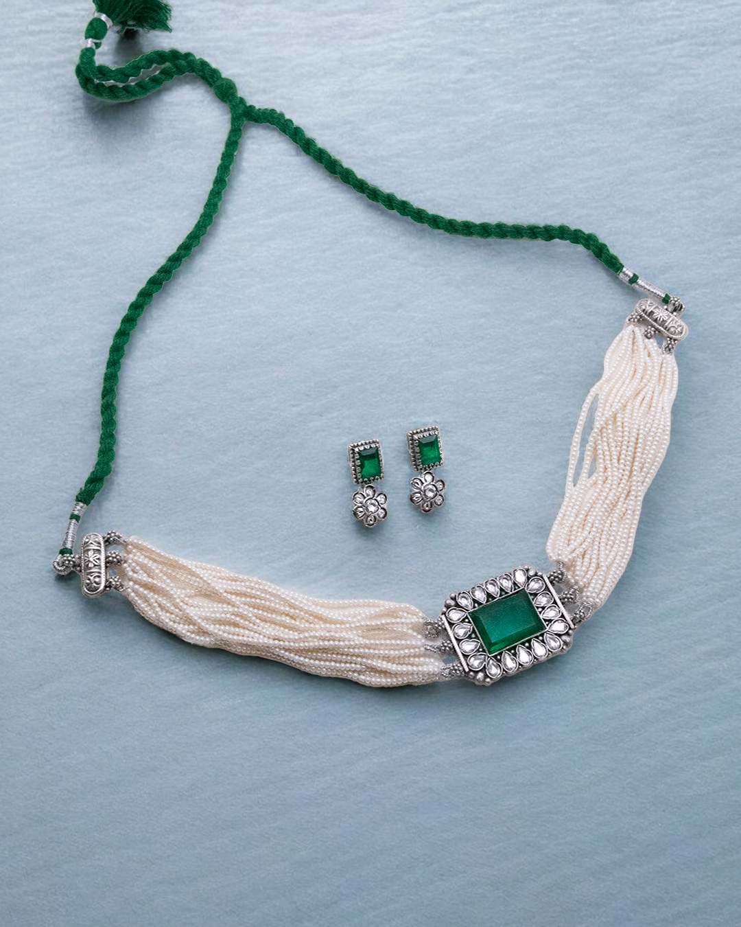 925 Silver Kundan Choker Set with Pearls & Emerald Green Accent