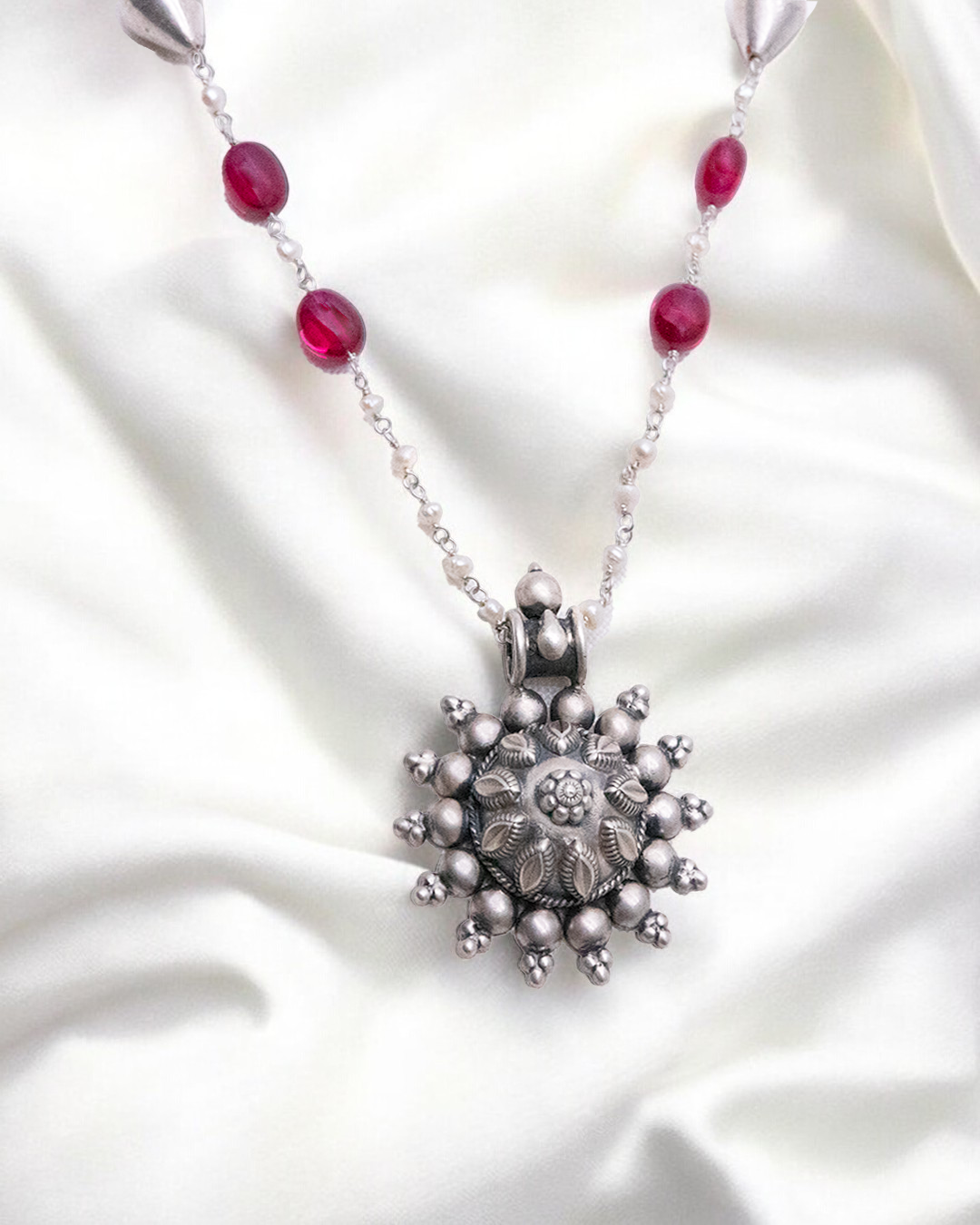 Handcrafted 925 Silver Floral Pendant with Ruby Red Bead Chain