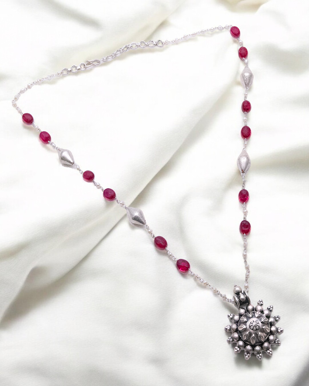 Handcrafted 925 Silver Floral Pendant with Ruby Red Bead Chain