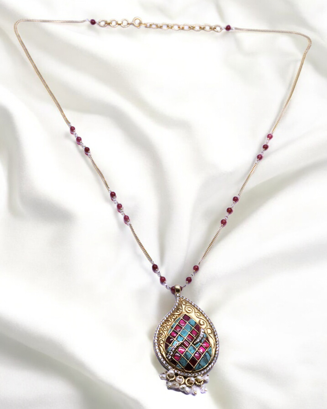 Elegant 925 Silver Kundan Pendant Necklace with Ruby Beads & Enamel Detail