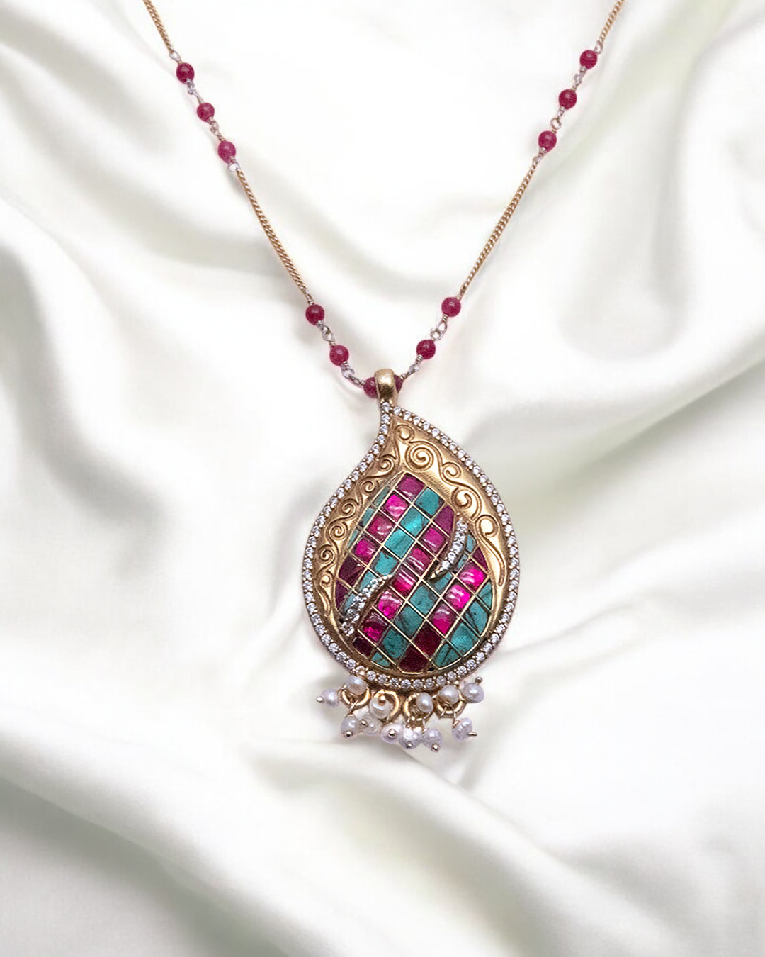 Elegant 925 Silver Kundan Pendant Necklace with Ruby Beads & Enamel Detail