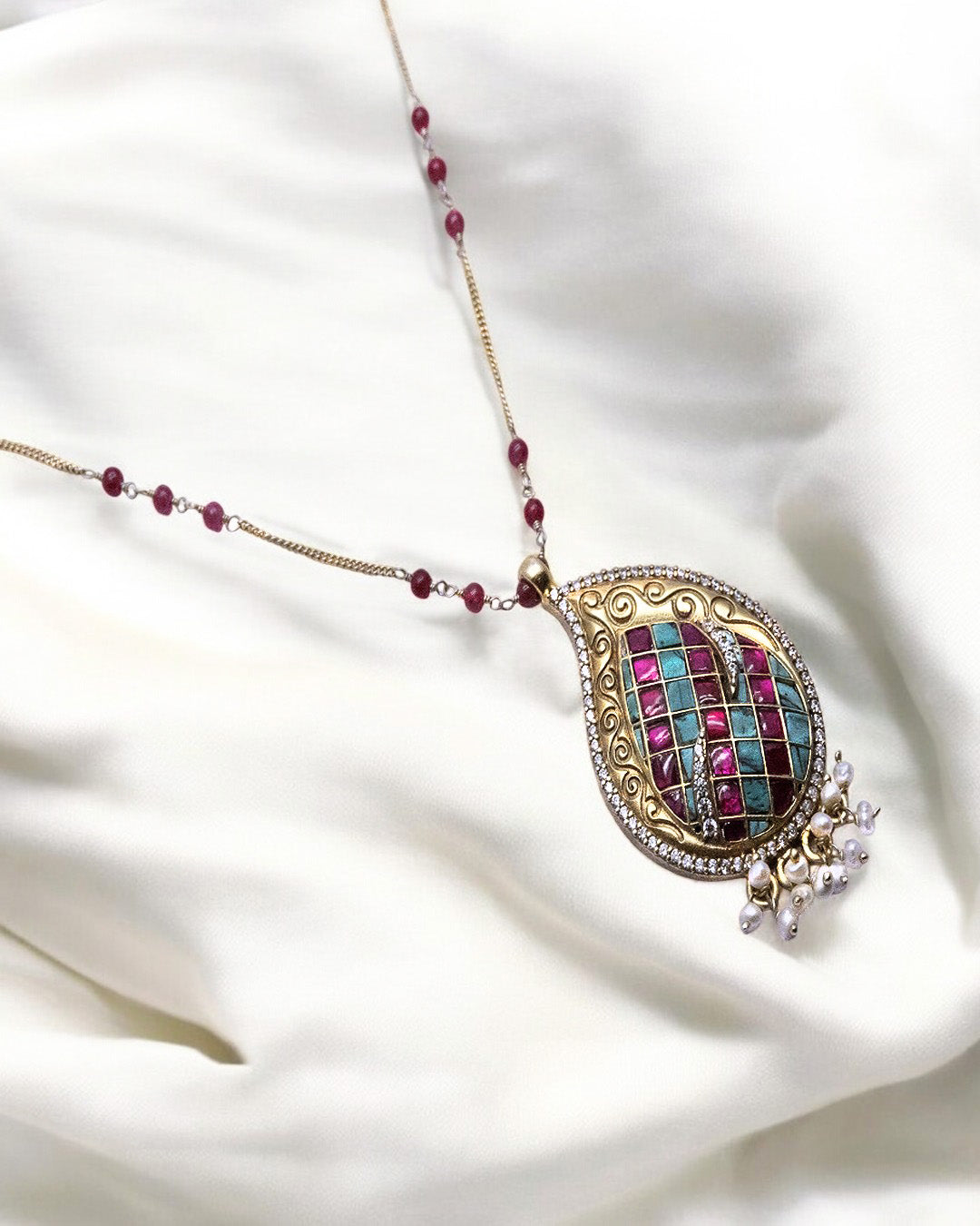 Elegant 925 Silver Kundan Pendant Necklace with Ruby Beads & Enamel Detail