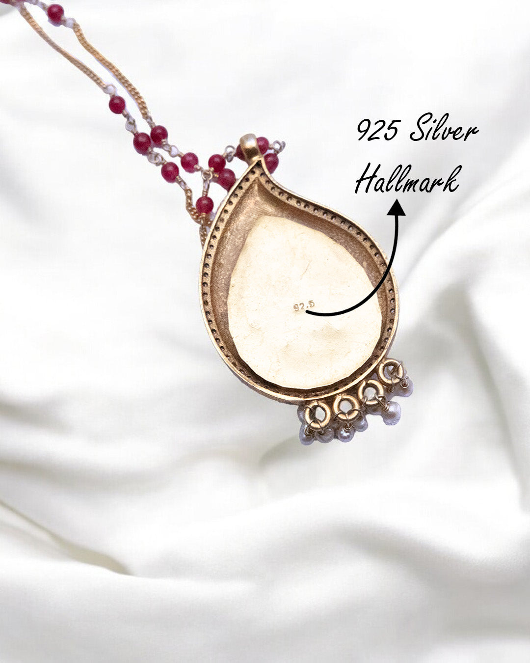 Elegant 925 Silver Kundan Pendant Necklace with Ruby Beads & Enamel Detail