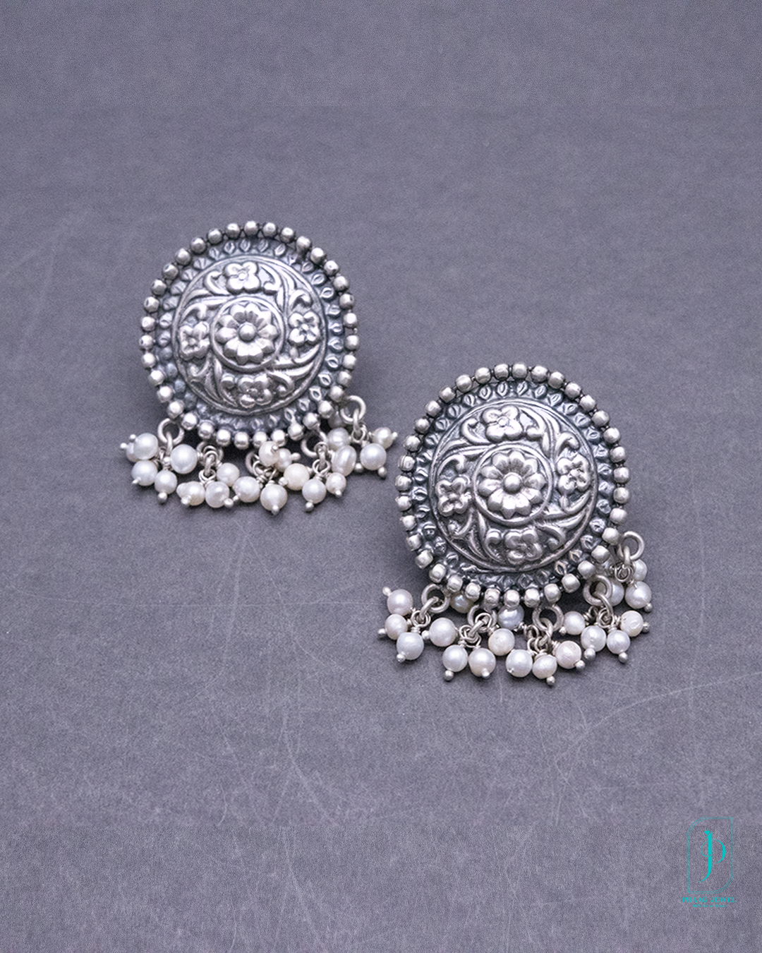 Handcrafted Oxidized Silver Earrings with Mini Pearl Drops