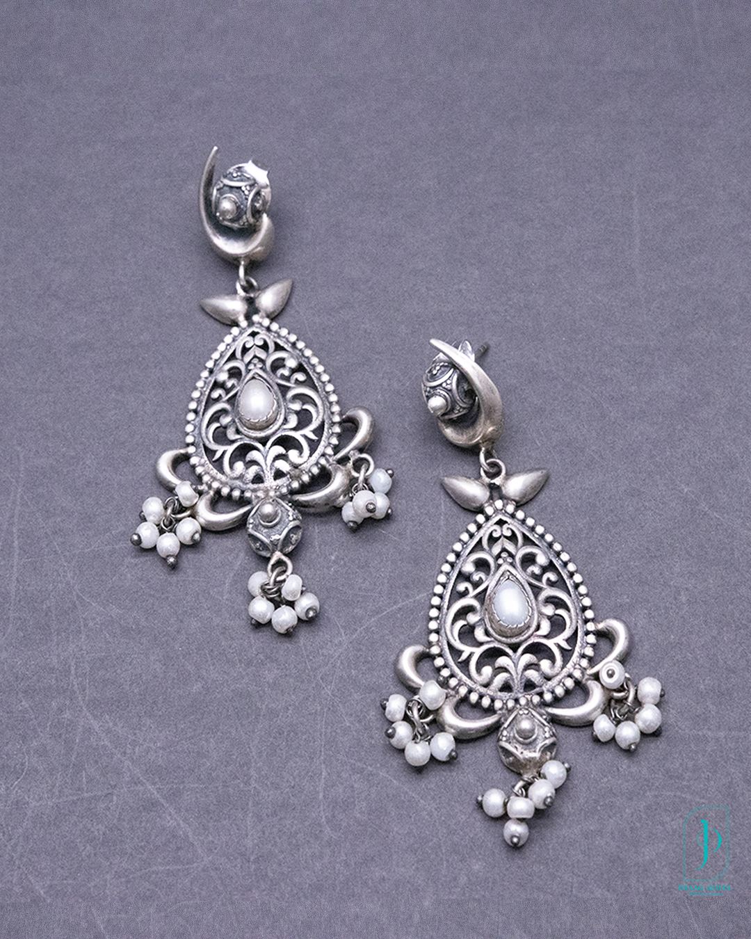 Handcrafted 925 Oxidized Silver Teardrop Earrings with Pearl Beads
