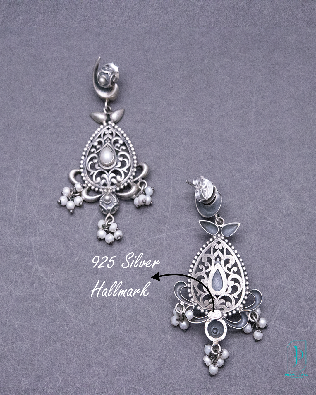 Handcrafted 925 Oxidized Silver Teardrop Earrings with Pearl Beads