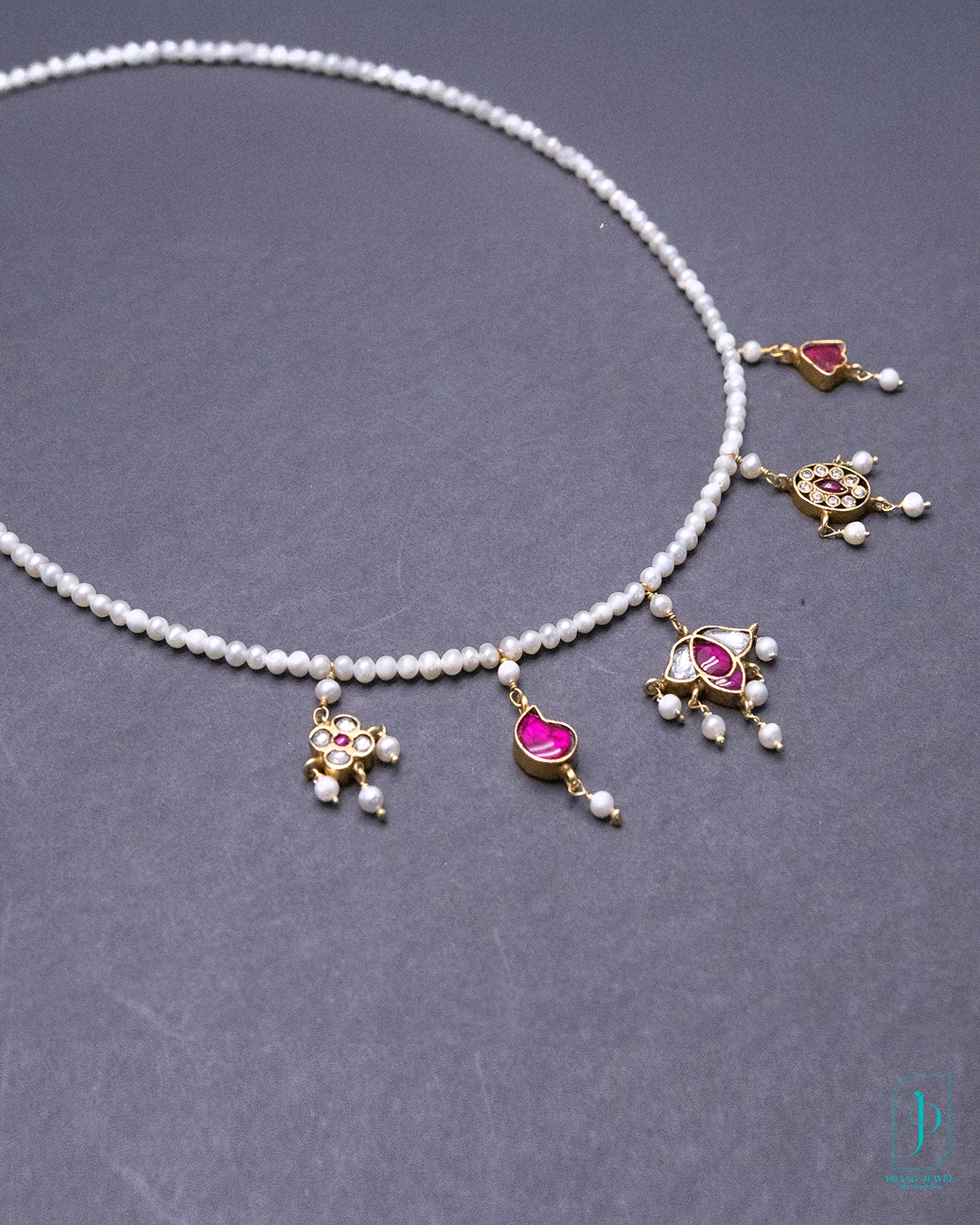 925 Silver Kundan Necklace with Gold Polish & Pink Enamel Charms