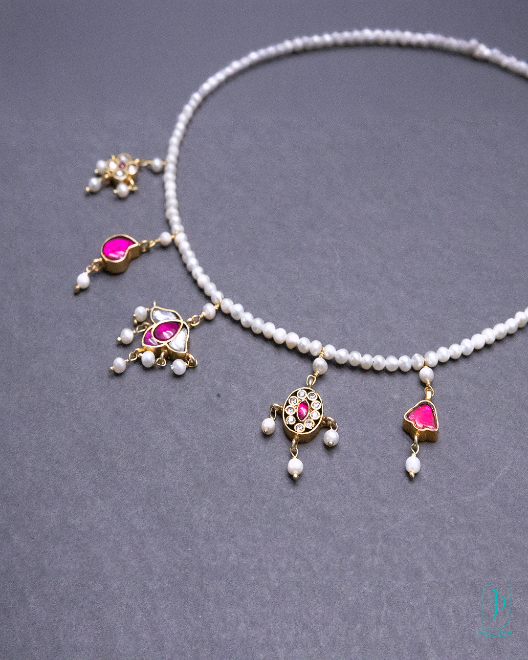 925 Silver Kundan Necklace with Gold Polish & Pink Enamel Charms