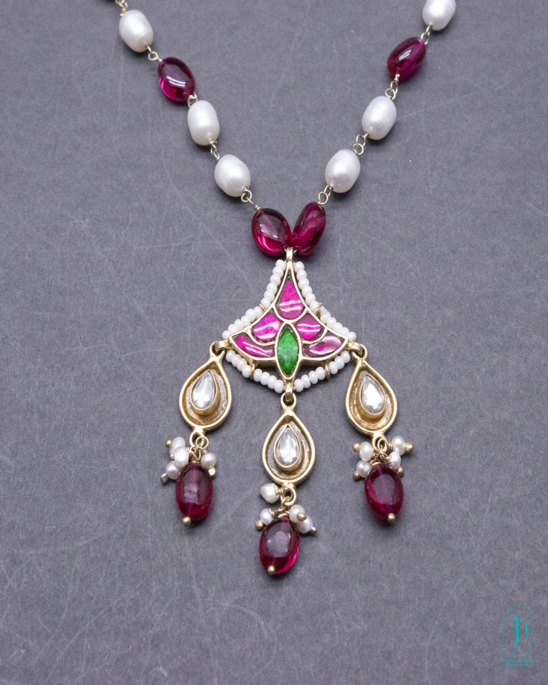 925 Silver kundan Gold polish Pendant with Fresh Water Pearls and Rubby Beads chain