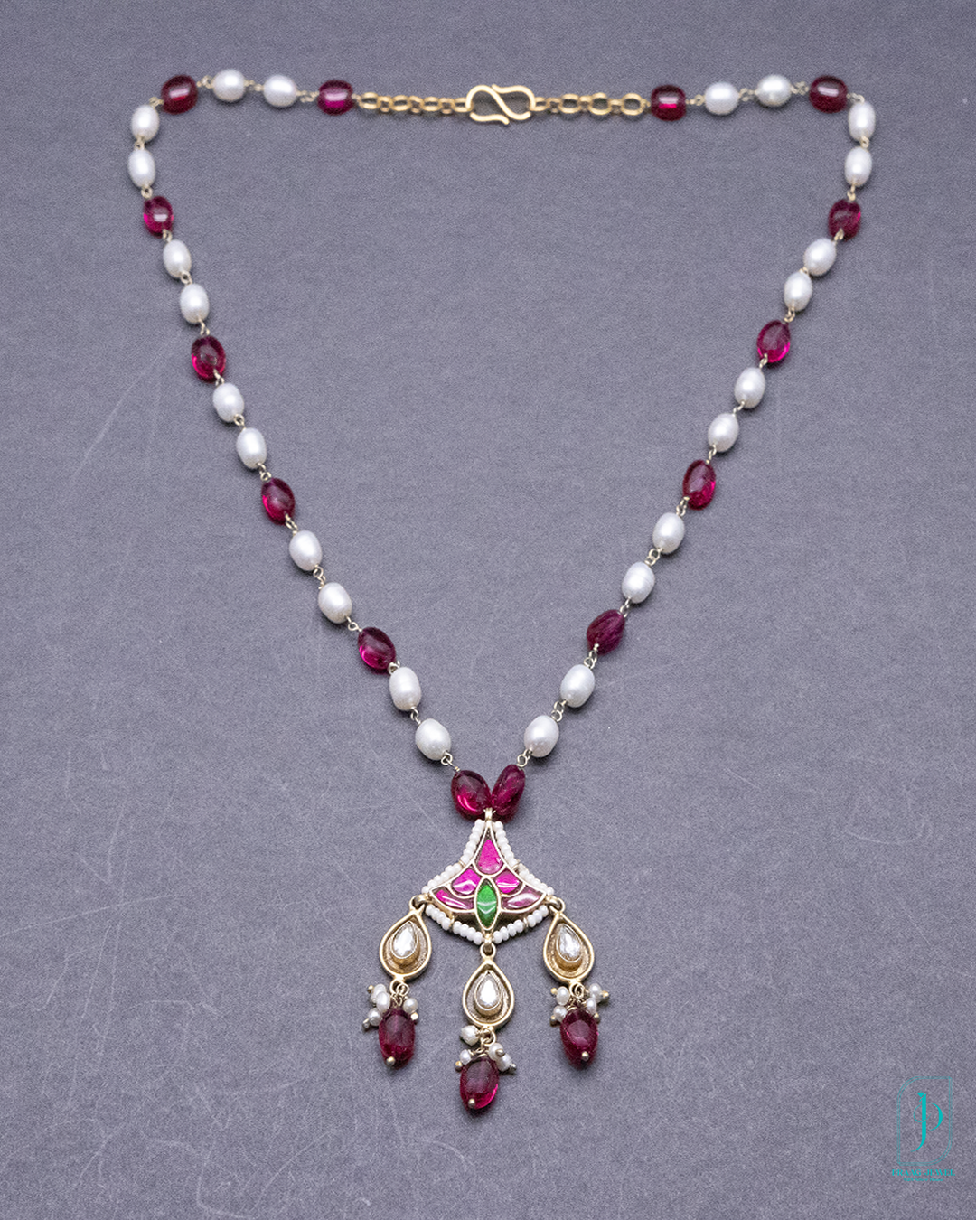 925 Silver kundan Gold polish Pendant with Fresh Water Pearls and Rubby Beads chain