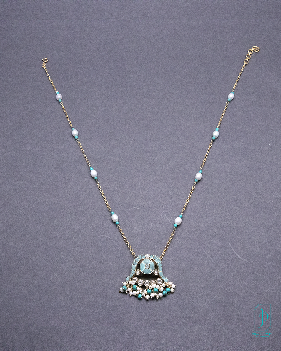 925 Silver with 24K Gold Polish Turquoise Enamel Kundan Pendant