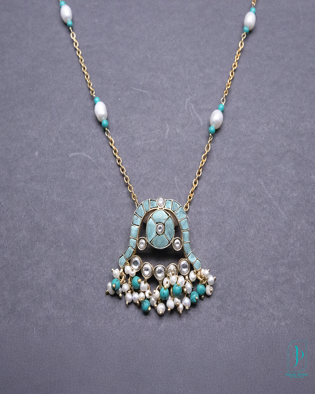 925 Silver with 24K Gold Polish Turquoise Enamel Kundan Pendant