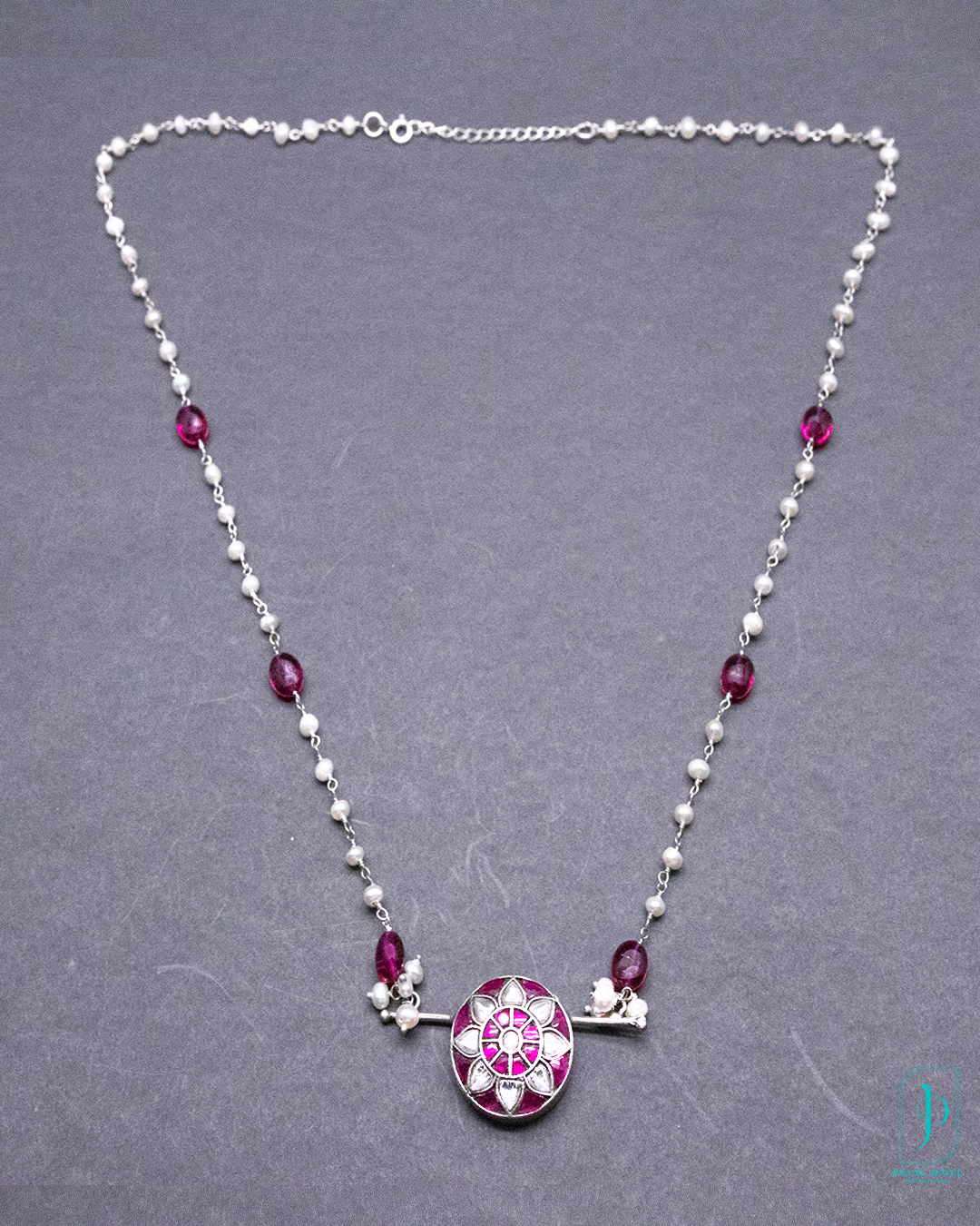 925 Silver Oxidized Pink Enamel Kundan Pendant with Freshwater Pearl & Ruby Bead Chain