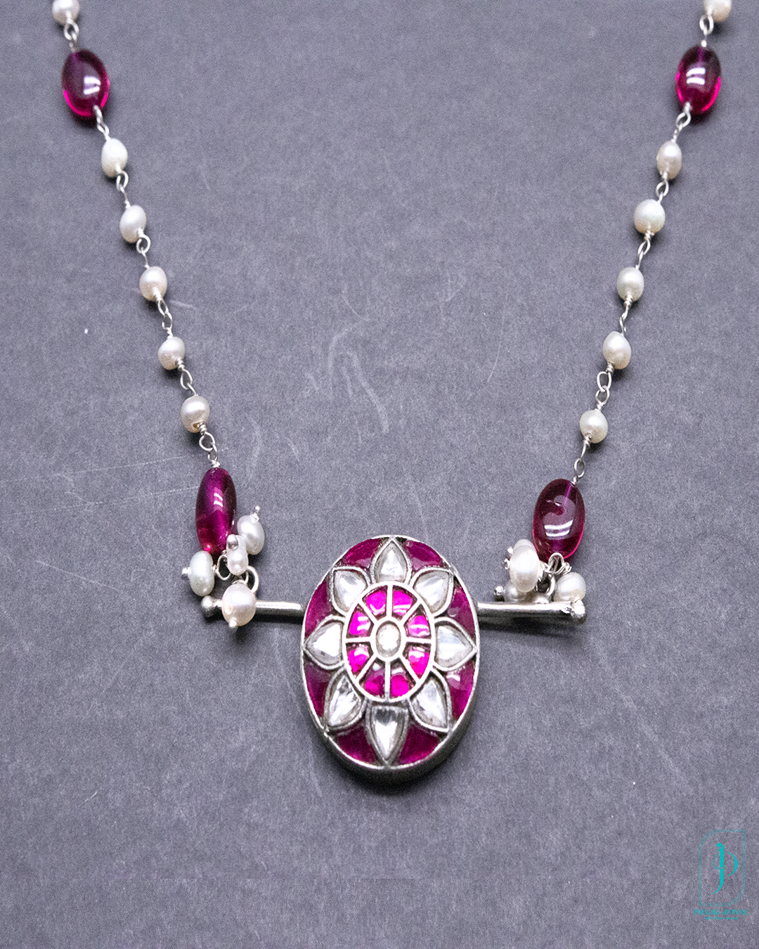 925 Silver Oxidized Pink Enamel Kundan Pendant with Freshwater Pearl & Ruby Bead Chain