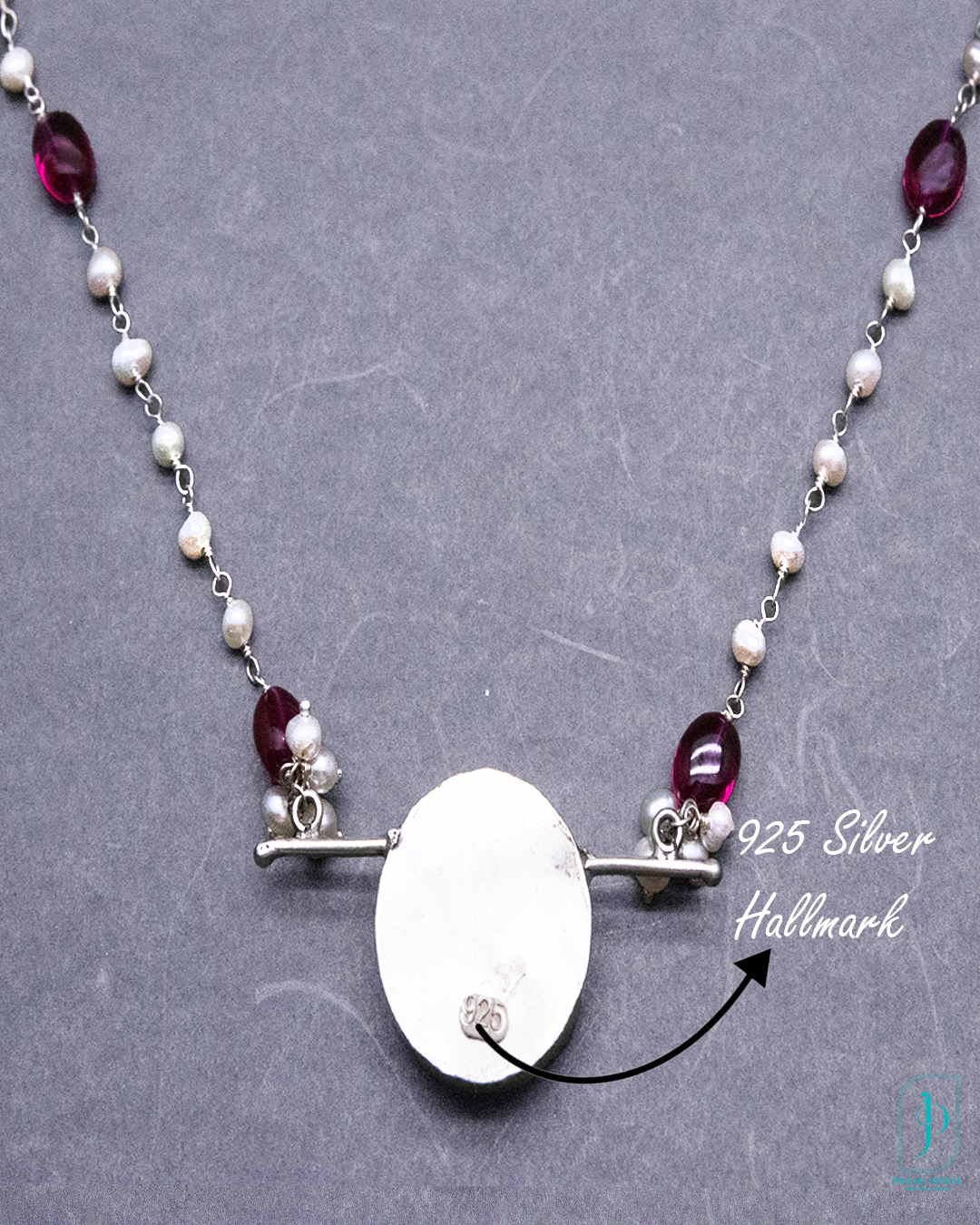 925 Silver Oxidized Pink Enamel Kundan Pendant with Freshwater Pearl & Ruby Bead Chain