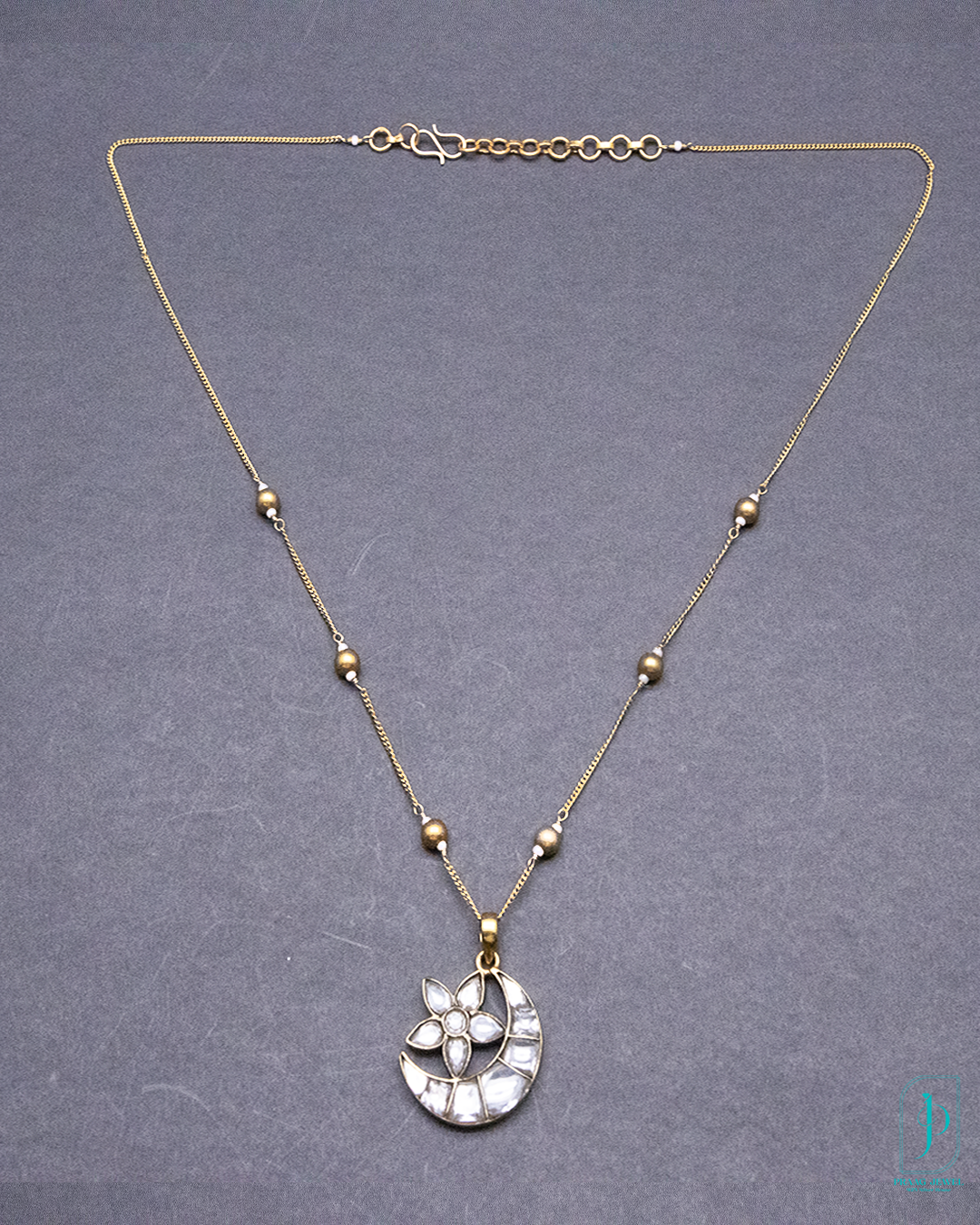 925 Silver 24K Gold-Plated Crescent Moon Kundan Pendant with Beaded Chain