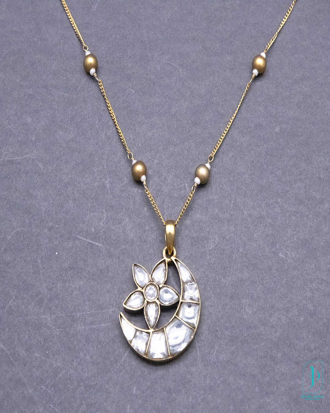925 Silver 24K Gold-Plated Crescent Moon Kundan Pendant with Beaded Chain
