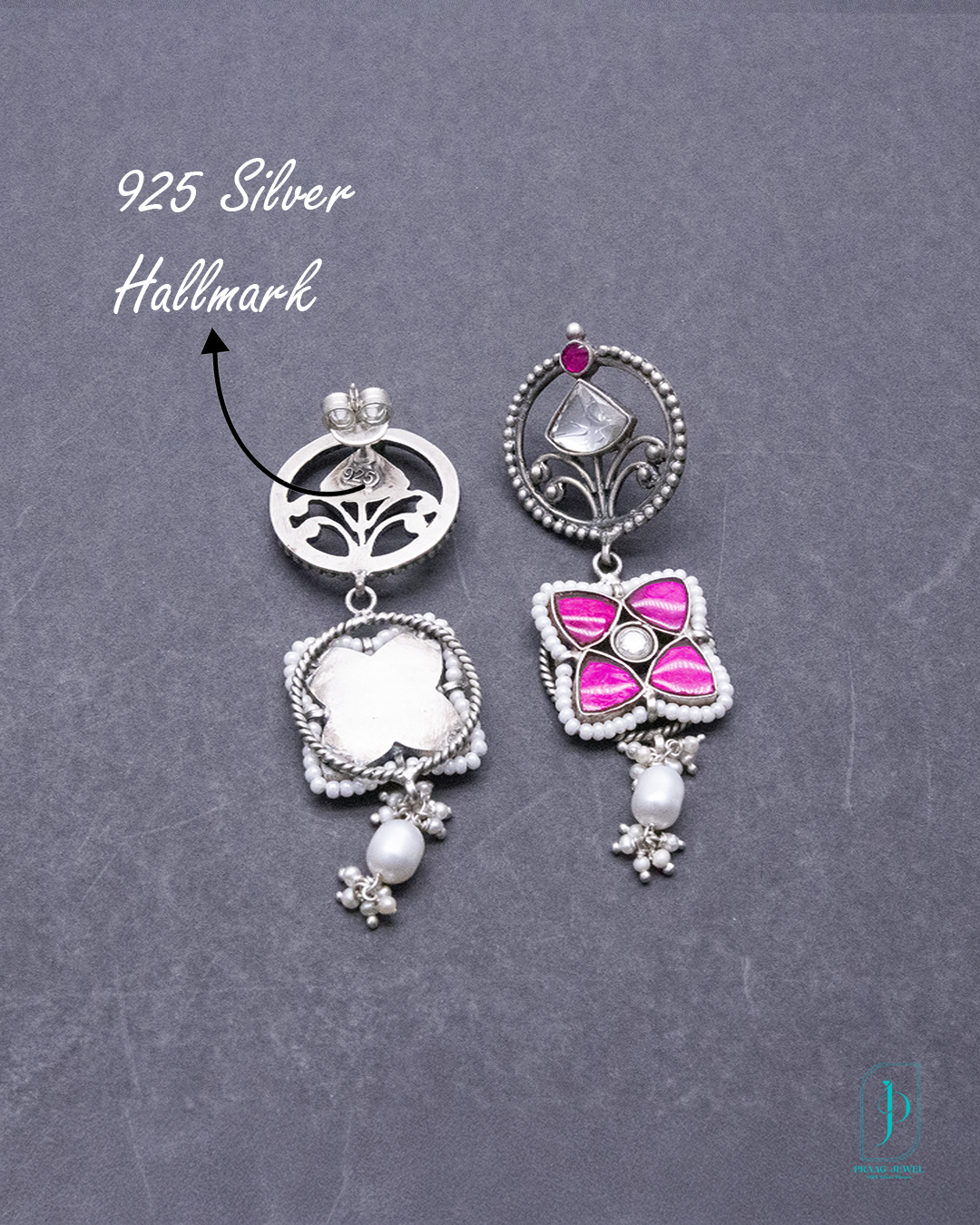 925 Silver Pink Kundan Earrings for Women