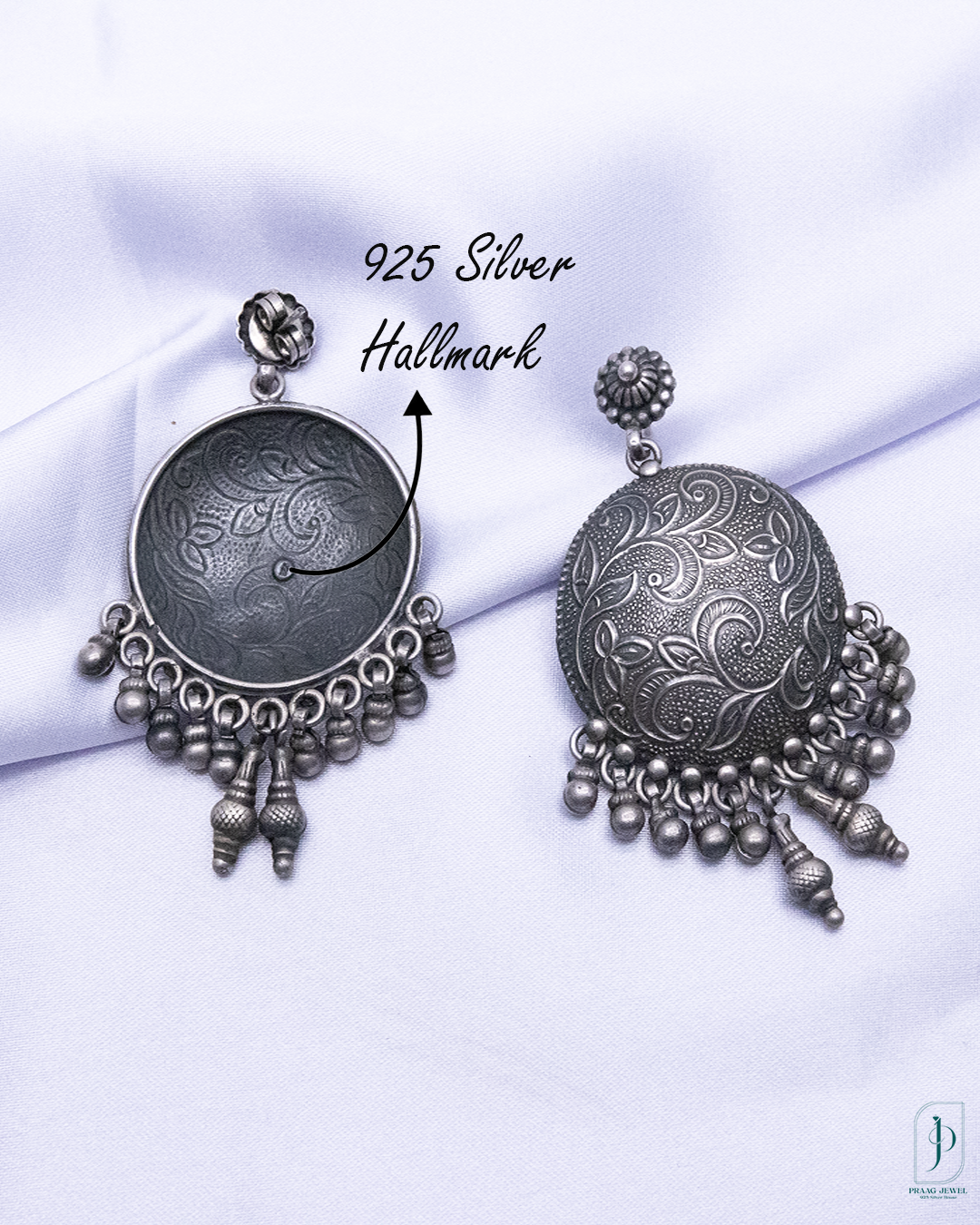 Handcrafted Oxidized 925 Silver Dome Earrings with Floral Detail & Beaded Drops