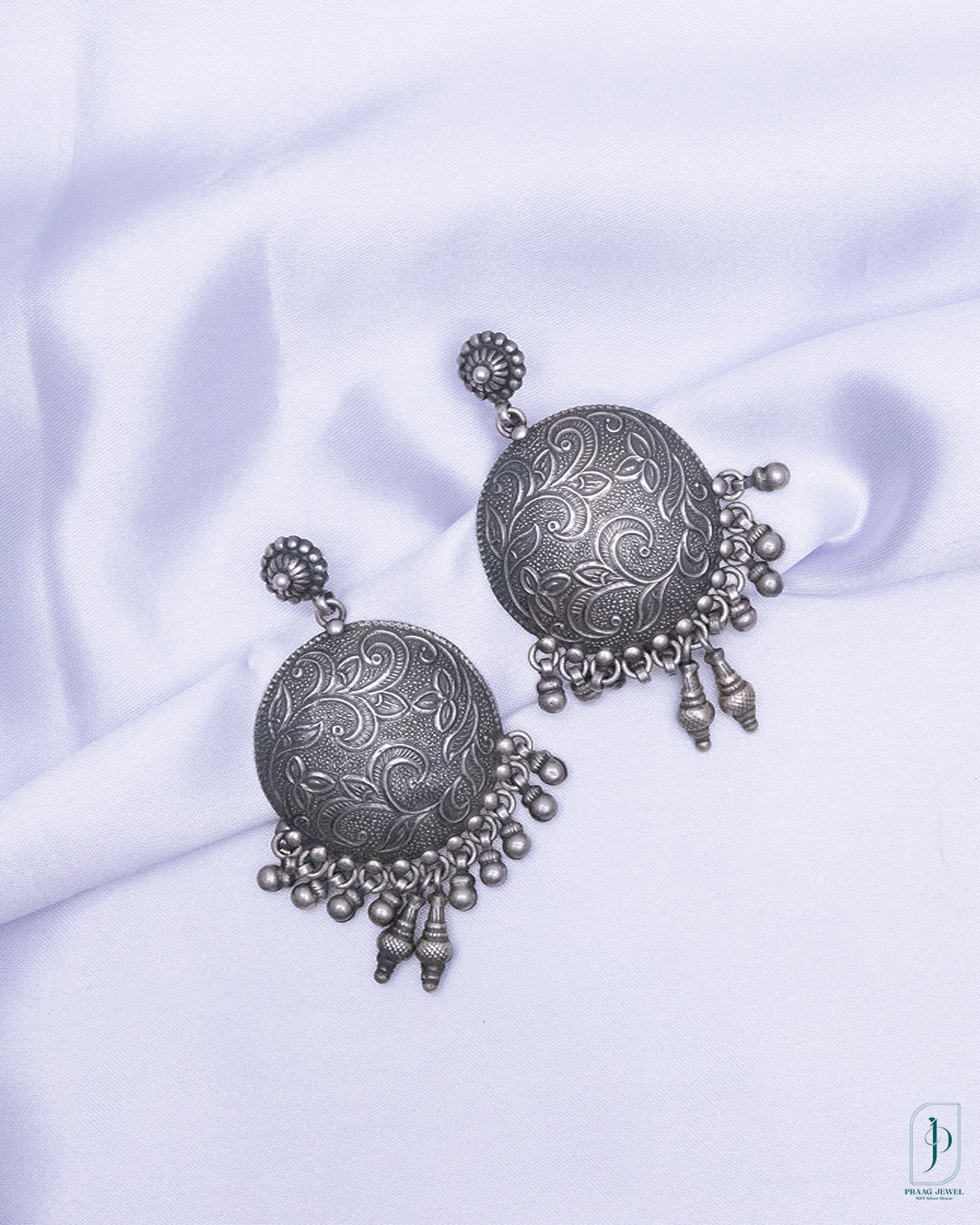 Handcrafted Oxidized 925 Silver Dome Earrings with Floral Detail & Beaded Drops
