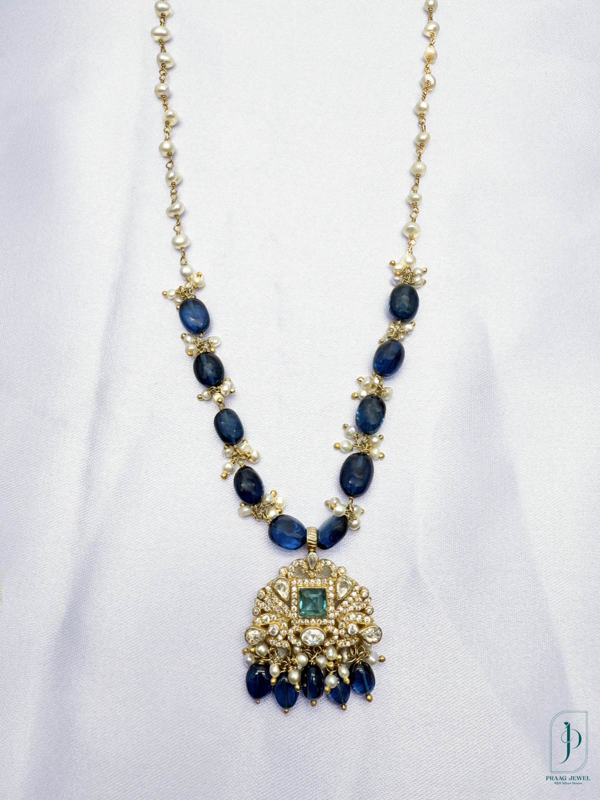 Antique Gold-Polished Moissanite Pendant with Blue Stones & Freshwater Pearls