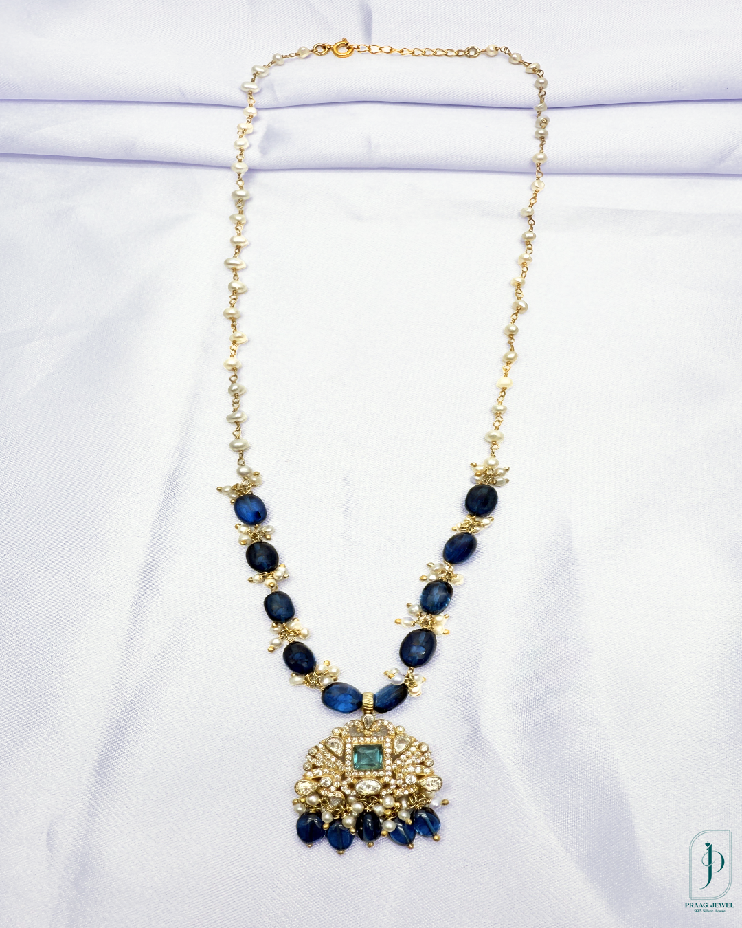 Antique Gold-Polished Moissanite Pendant with Blue Stones & Freshwater Pearls