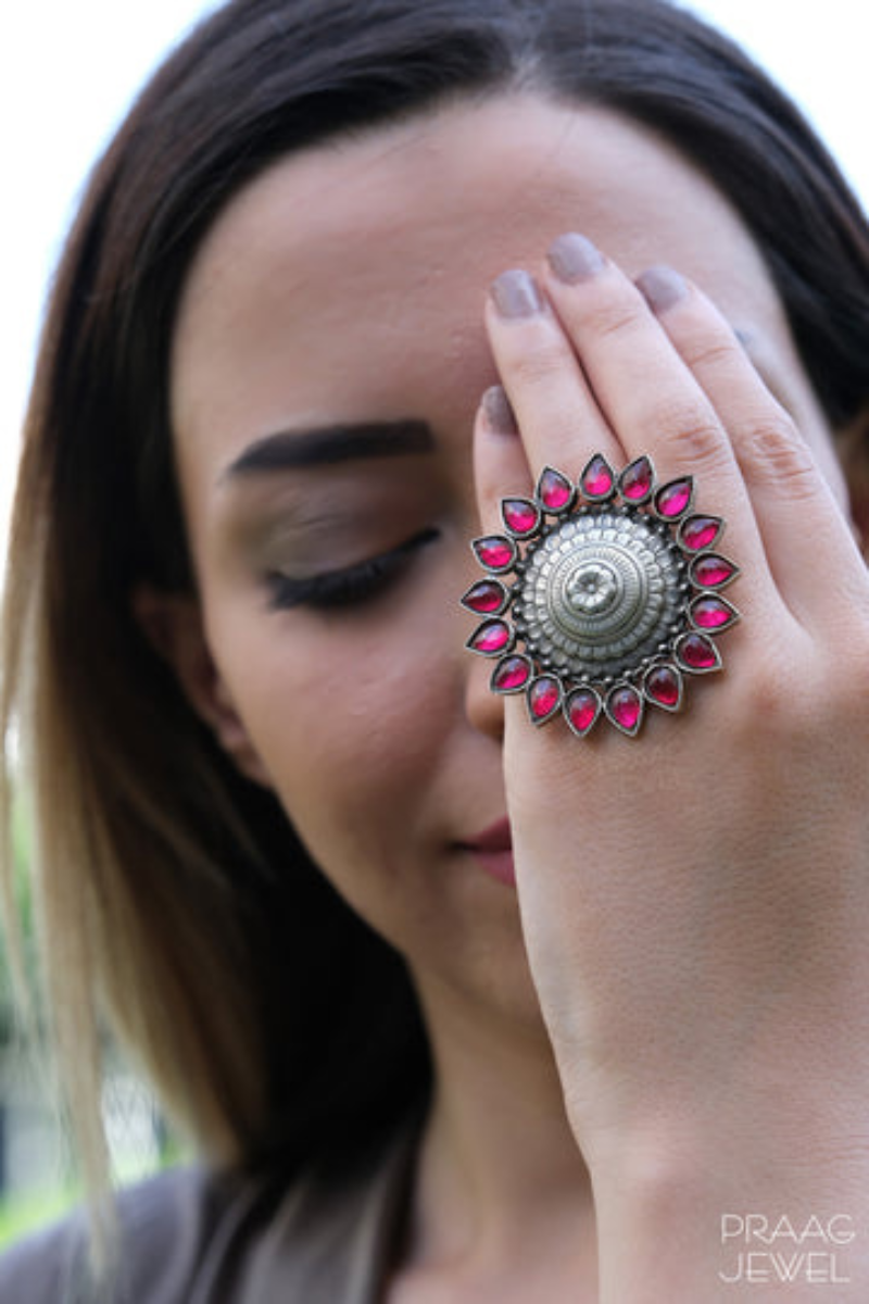 Stylish Oxidized Silver Adjustable Big Finger Ring with green stones –  Jumbora