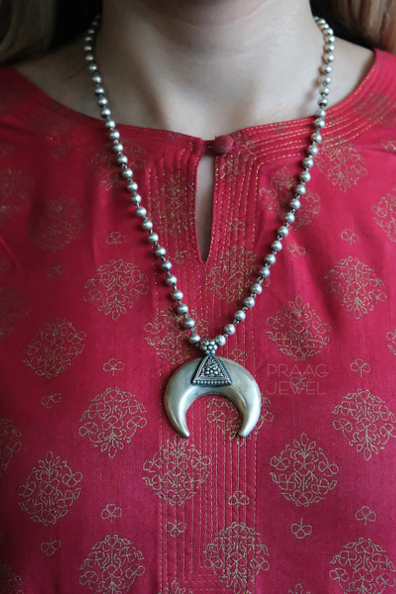 Ardha-Chandra 925 Silver Designer Pendant Necklace With Oxidised Polish 0082