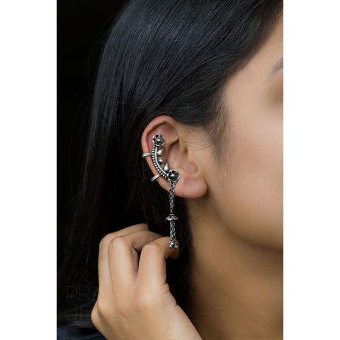 Suramya 925 Silver Designer Ear Clip Earrings With Oxidised Polish