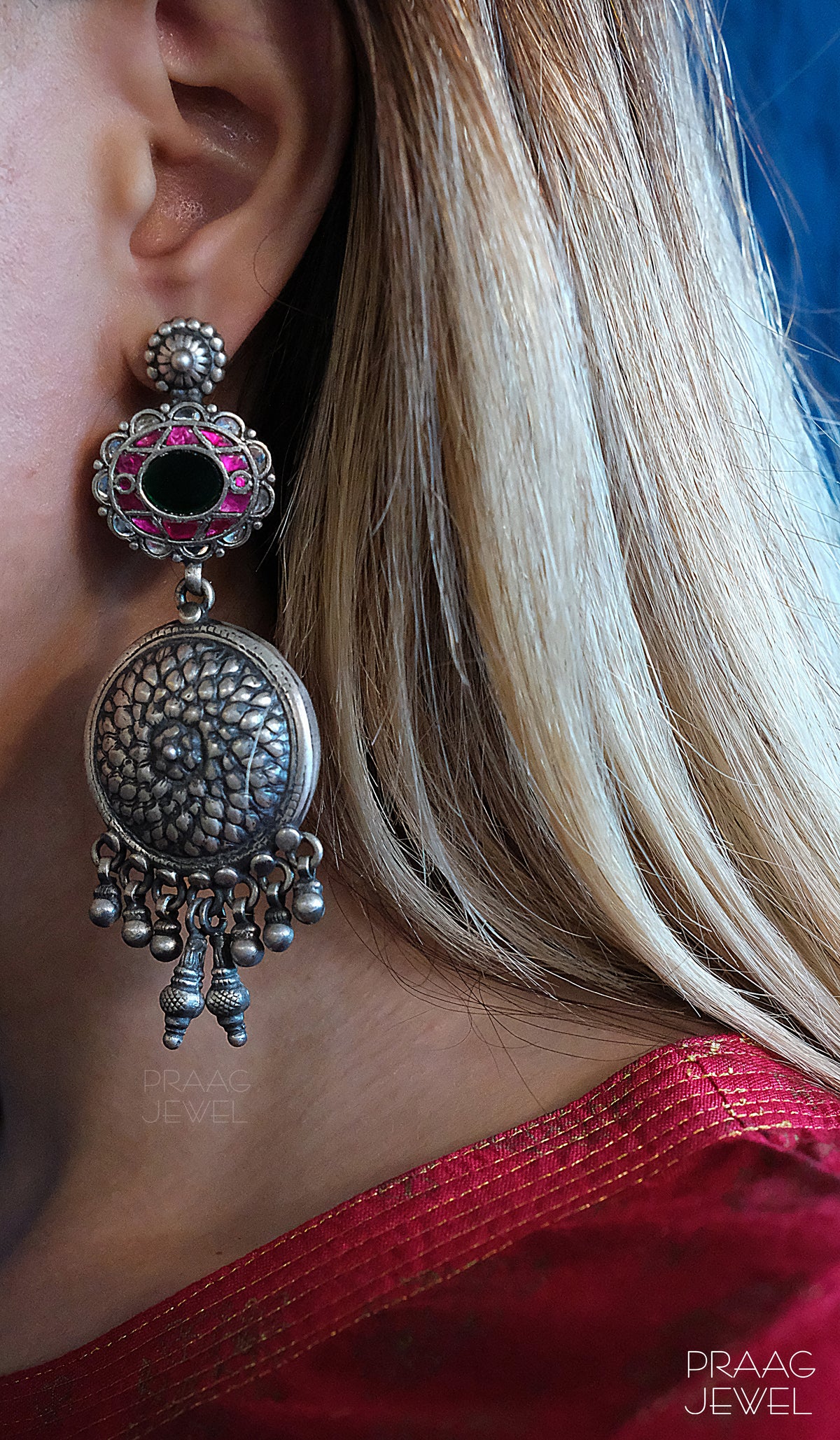 Varnam 925 Silver Kundan Earrings With Oxidised Polish | Silver Earrings Image | silver earring | sterling silver earring | 925 silver earring | earrings for girl 